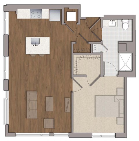 Floor plan for 1 bed, 1 bath, 688 sqft